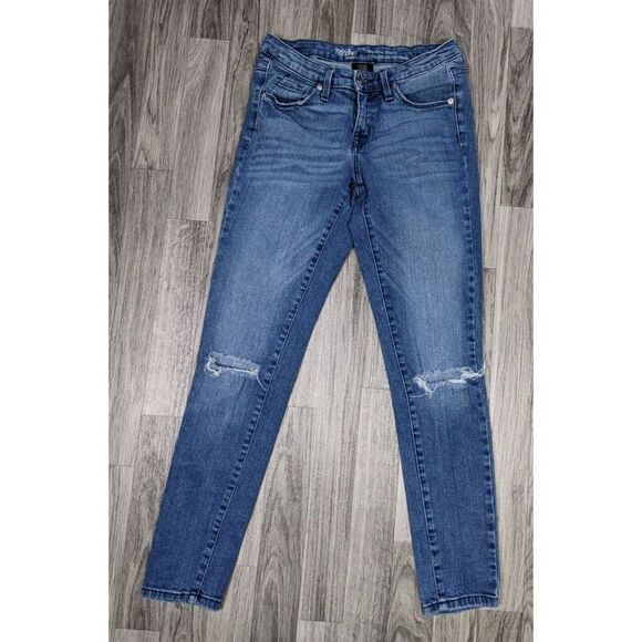 (3/$35)Mossimo Size 2R Mid Rise Skinny Distressed Power Stretch Denim Blue Jeans - Picture 1 of 10